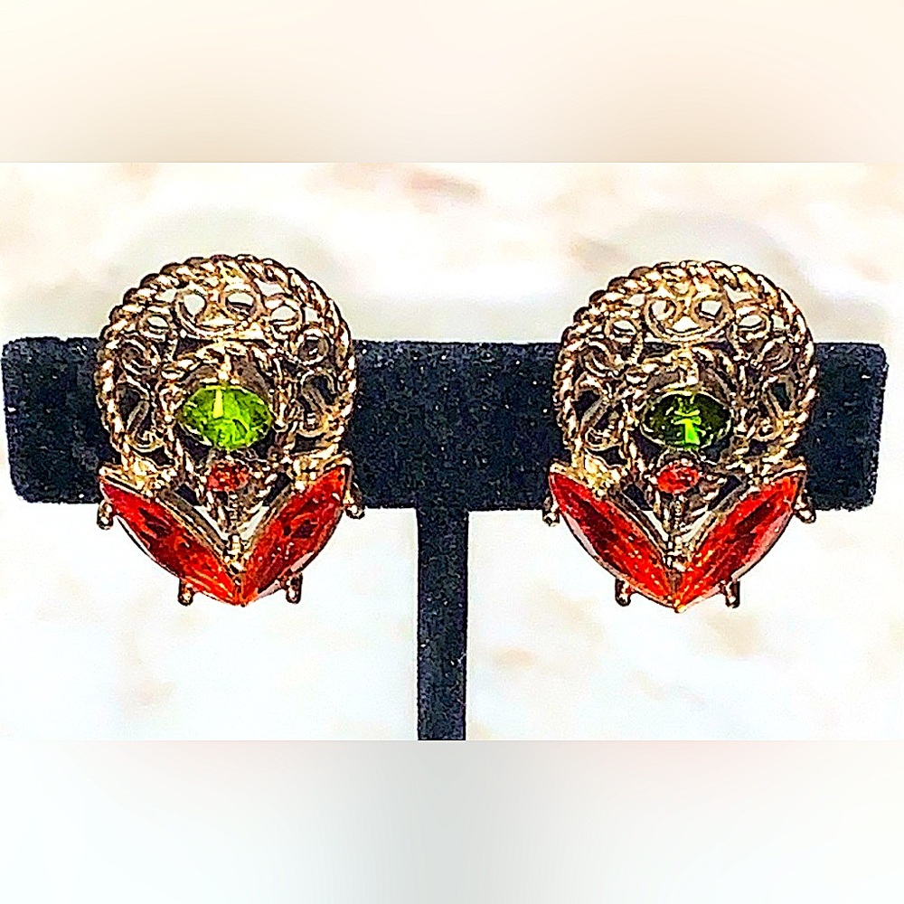 EMMONS MALTESE BROOCH CLIP EAR SET GREEN ORANGE VINTAGE GOLD REGAL SPLENDOR 1970 - Picture 7 of 11
